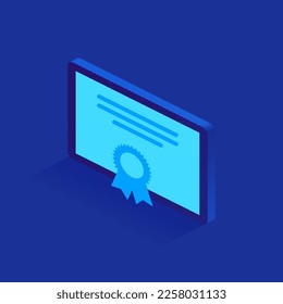 Blue diploma or certificate icon in isometric view. Professional growth, advanced training, documents on higher education concept. University degree. Vector illustration isolated on white background 