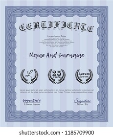 Blue Diploma or certificate template. Artistry design. Vector illustration. With guilloche pattern and background. 