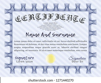 Blue Diploma or certificate template. Artistry design. With linear background. Detailed. 