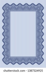 Blue Diploma or certificate template. With background. Money Pattern. Detailed. 