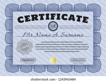 Blue Diploma or certificate template. Complex background. Detailed. Excellent design. 