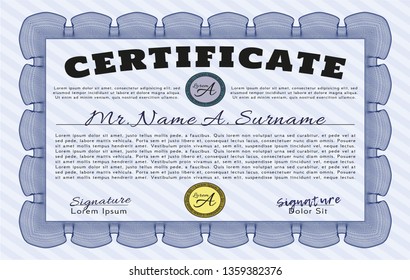 Blue Diploma or certificate template. With complex linear background. Good design. Detailed. 