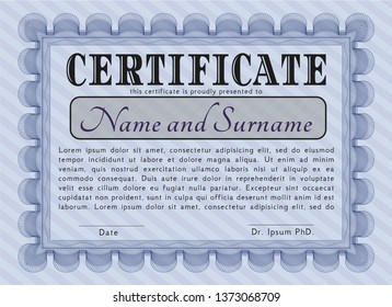 Blue Diploma or certificate template. With complex linear background. Retro design. Customizable, Easy to edit and change colors. 