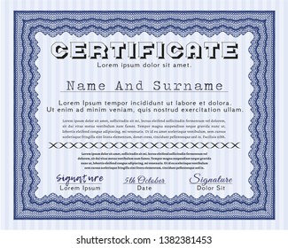Blue Diploma or certificate template. With complex background. Excellent design. Detailed. 