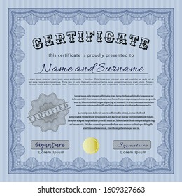 Blue Diploma or certificate template. With complex background. Vector illustration. Sophisticated design. 