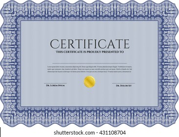 Blue Diploma or certificate template. With complex background. Lovely design. Vector illustration. 
