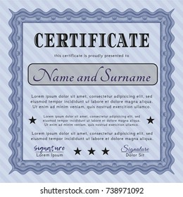 Blue Diploma or certificate template. With complex background. Elegant design. Detailed. 