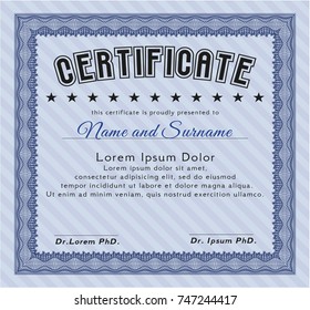 Blue Diploma or certificate template. Complex background. Vector illustration. Beauty design. 