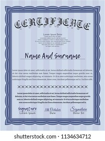 Blue Diploma or certificate template. Cordial design. With complex background. Detailed. 