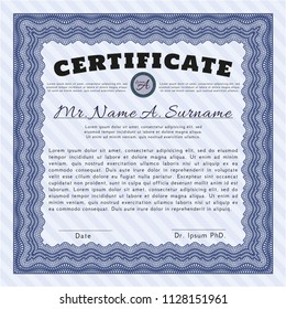 Blue Diploma or certificate template. Customizable, Easy to edit and change colors. With complex linear background. Cordial design. 