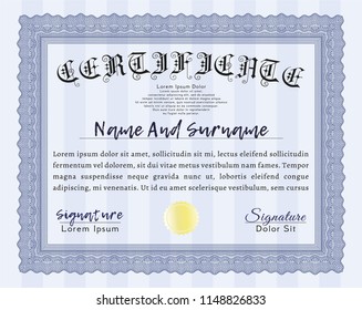 Blue Diploma or certificate template. Customizable, Easy to edit and change colors. With guilloche pattern and background. Artistry design. 