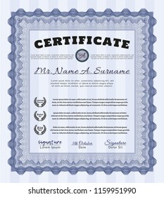 Blue Diploma or certificate template. Customizable, Easy to edit and change colors. Complex background. Money Pattern. 