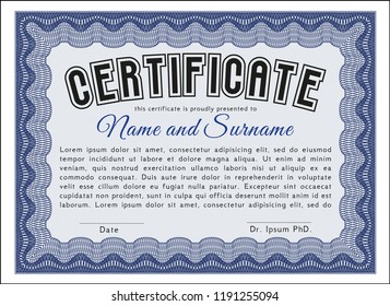 Blue Diploma or certificate template. Customizable, Easy to edit and change colors. With guilloche pattern and background. Good design. 