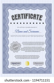 Blue Diploma or certificate template. Customizable, Easy to edit and change colors. With guilloche pattern. Excellent design. 