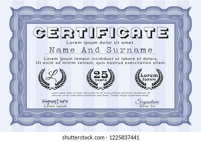 Blue Diploma or certificate template. Customizable, Easy to edit and change colors. With guilloche pattern. Modern design. 