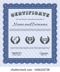 Blue Diploma or certificate template. Customizable, Easy to edit and change colors. With linear background. Elegant design. 