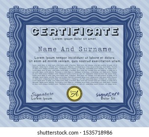 Blue Diploma or certificate template. Customizable, Easy to edit and change colors. With guilloche pattern. Sophisticated design. 