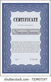 Blue Diploma or certificate template. Customizable, Easy to edit and change colors. With guilloche pattern. Money style design. 