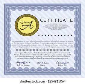 Blue Diploma or certificate template. Detailed. With complex linear background. Good design. 