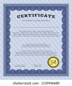 Blue Diploma or certificate template. Easy to print. Detailed. Lovely design. 