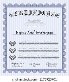 Blue Diploma or certificate template. Easy to print. Detailed. Money design. 