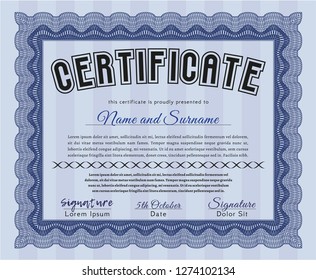 Blue Diploma or certificate template. Easy to print. Vector illustration. Money style design. 