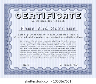 Blue Diploma or certificate template. Easy to print. Lovely design. Vector illustration. 