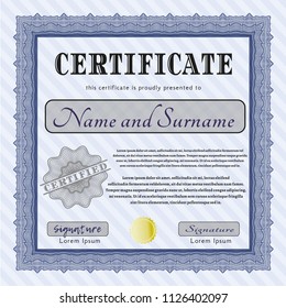 Blue Diploma or certificate template. Elegant design. Printer friendly. Detailed. 