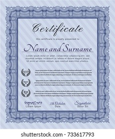 Blue Diploma or certificate template. Elegant design. Easy to print. Detailed. 