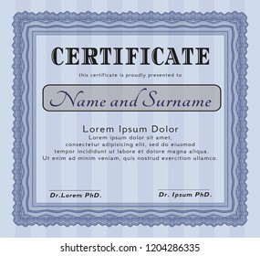 Blue Diploma or certificate template. Excellent design. Vector illustration. With guilloche pattern. 