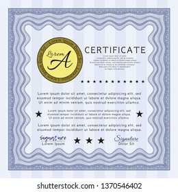 Blue Diploma or certificate template. Good design. With great quality guilloche pattern. Vector illustration. 