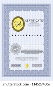 Blue Diploma or certificate template. With great quality guilloche pattern. Money style design. Detailed. 