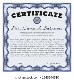 Blue Diploma or certificate template. With great quality guilloche pattern. Excellent design. Vector illustration. 