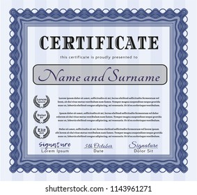Blue Diploma or certificate template. With guilloche pattern and background. Customizable, Easy to edit and change colors. Lovely design. 