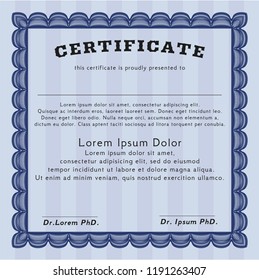 Blue Diploma or certificate template. With guilloche pattern. Vector illustration. Excellent design. 