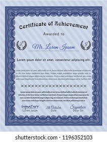 Blue Diploma or certificate template. With guilloche pattern and background. Vector illustration. Nice design. 