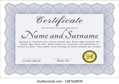 Blue Diploma or certificate template. With guilloche pattern. Customizable, Easy to edit and change colors. Artistry design. 