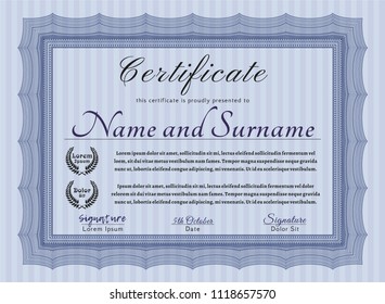 Blue Diploma or certificate template. With linear background. Customizable, Easy to edit and change colors. Retro design. 