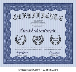 Blue Diploma or certificate template. With linear background. Cordial design. Customizable, Easy to edit and change colors. 