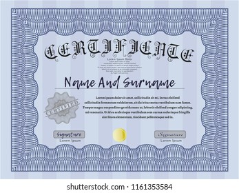 Blue Diploma or certificate template. With linear background. Vector illustration. Modern design. 