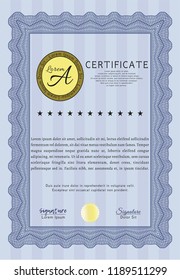 Blue Diploma or certificate template. With linear background. Detailed. Money Pattern. 