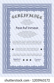 Blue Diploma or certificate template. With linear background. Detailed. Money style design. 