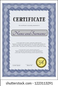 Blue Diploma or certificate template. With linear background. Vector illustration. Money Pattern. 