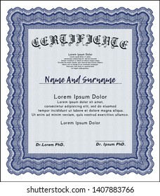 Blue Diploma or certificate template. With linear background. Sophisticated design. Vector illustration. 