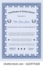 Blue Diploma or certificate template. With linear background. Vector illustration. Beauty design. 