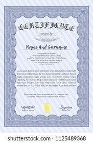 Blue Diploma or certificate template. Lovely design. Vector illustration. With complex background. 