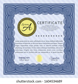 Blue Diploma or certificate template. Lovely design. With guilloche pattern. Customizable, Easy to edit and change colors. 