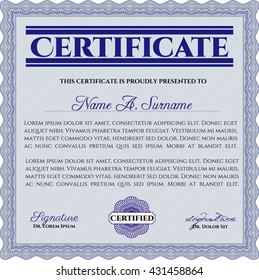 Blue Diploma or certificate template. Lovely design. With complex background. Vector illustration. 