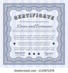 Blue Diploma or certificate template. Money design. Customizable, Easy to edit and change colors. With complex linear background. 