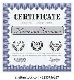 Blue Diploma or certificate template. Money Pattern. Customizable, Easy to edit and change colors. With guilloche pattern and background. 